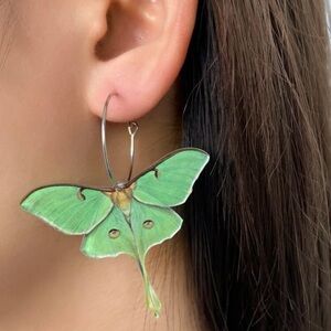Large Statement Green Acrylic Butterfly Drop Earrings Silver Tone Metal Hoops